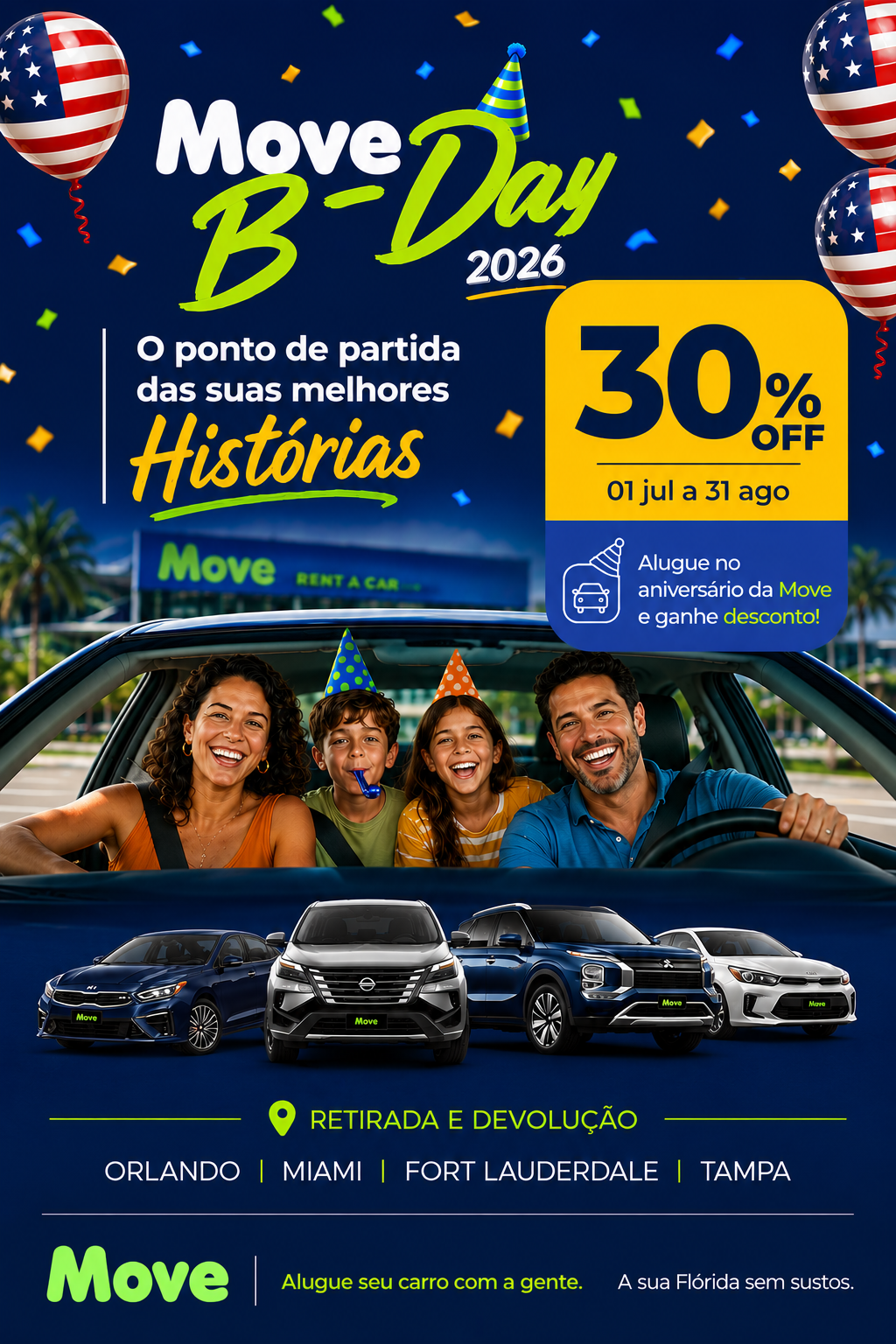 Família comemorando dentro do carro — Move B-Day 30% OFF